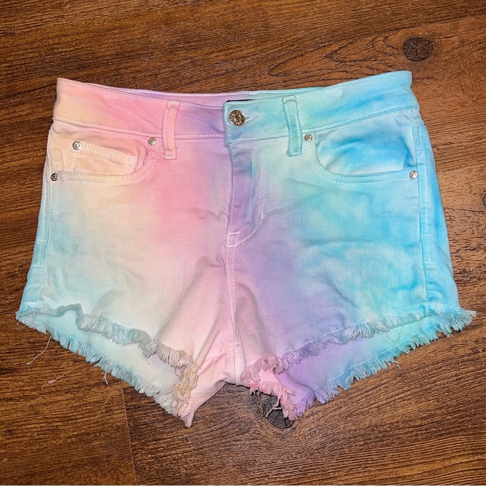Celebrity Pink Custom Pastel Colorful Tie Dye Denim Distressed Shorts Size 26